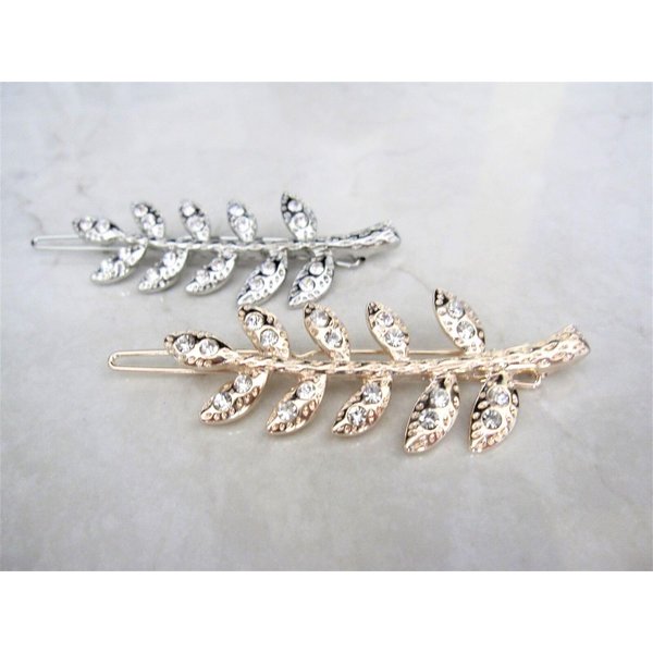 Generic Gold or silver leaf shaped crystal hair barrette clip bridal clip bridal (Primary color: Silver), 1 Count (Pack of 1)