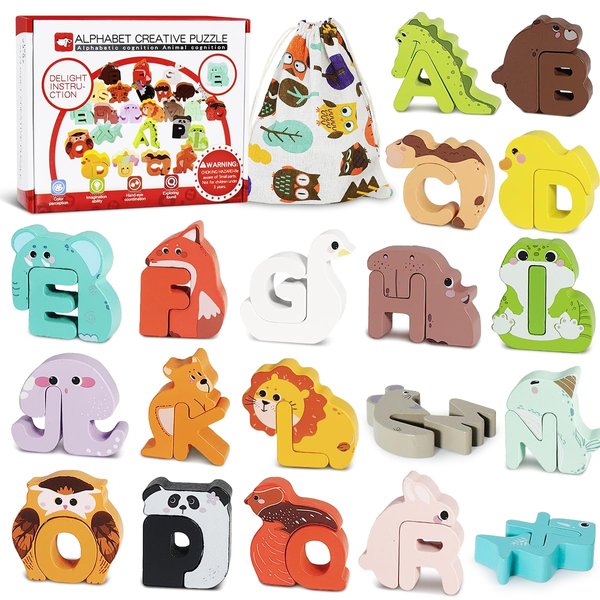 YYDeek 52 Pieces Matching Game, Wooden Alphabet Animal Puzzles for Toddlers, ABC Peg Puzzles for Kids Ages 3-5, Preschool Learning Activities Toys