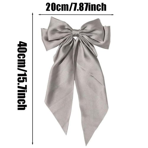 2 Pcs Silky Satin Hair Bows, Big Hair Bows Hair Ribbon Bow with Long Tail Satin Ribbon Satin Bow Hair Clips Hair Bow Accessories, Gray