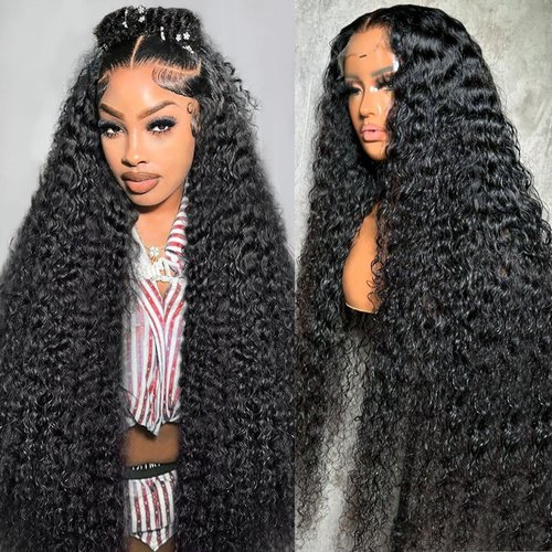 13x6 Deep Wave Lace Front Wigs Human Hair 30 Inch 200 Density HD Lace Front Wigs Human Hair Deep Curly 13x6 HD Lace Frontal Glueless Full Lace Human Hair Wigs Pre Plucked for Women Natural Black