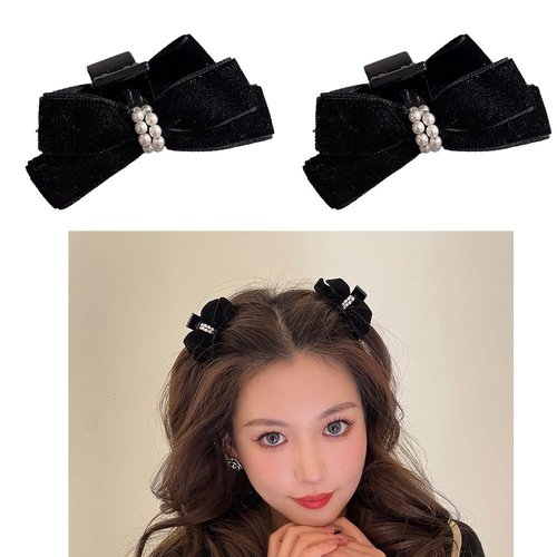 Small Velvet Hair Bow Claw Clips for Women Girls Pearl Hair Bows Claw Clips Black Bowknot Hair Claws Clips Bow Barrettes Hair Accessories for Women Pearls Bow Jaw Clips 2Pcs