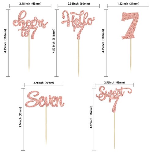 30Pcs 7th Birthday Cupcake Toppers Glitter Seven Happy 7 Cupcake Picks Cheers to 7 Years Old Cake Decorations for 7th Birthday Party Supplies Rose Gold