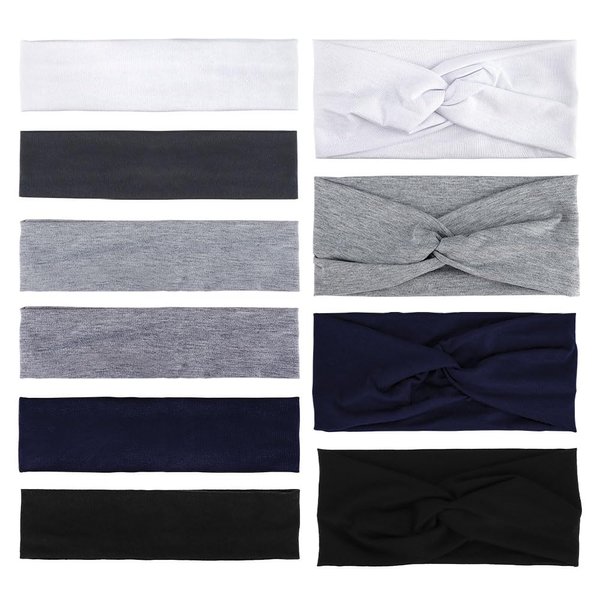 AHONEY Headbands for Women Non Slip, 10 Pack Thin Hair Band & Wide Twist Headband for Women's Hair, Cotton Elastic Hair Accessories for Workout Yoga Running (Grey)