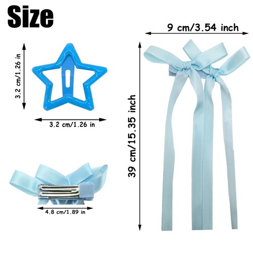 6pcs Blue Star Hair Clips Hair Bows Hair Clip,Pentagram Snap Hair Barrettes Tassel Ribbon Bowknot Alligator Clips Long Tail Hair Bow Small Metal Hair Clips 2000s Y2k Hair Accessories For Woman Girls