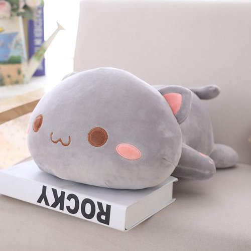 Jensquaify Cat Stuffed Animals, Soft Cat Plush Pillow Kawaii Kitten Stuffed Animal Toy Gifts for Kids (Grey Round Eyes, 13.7")