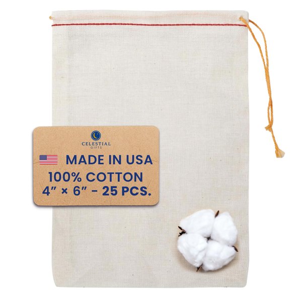 Celestial Gifts Muslin Bags - 100% Cotton Drawstring Bags Medium 25pcs, 4x6, Reusable Tea Bags, Jewelry Gift, Spice and Pouch Gift Sachet Bags - Made in USA - (Red Hem and Orange Drawstring)