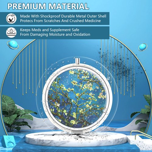 Pill Box, 3 Compartment Small Pill Case for Purse & Pocket, Cute Pill Organizer Travel Pillbox, Pill Container Holder to Hold Vitamins, Medication, Fish Oil and Supplements(Van Gogh Almond Blossom)