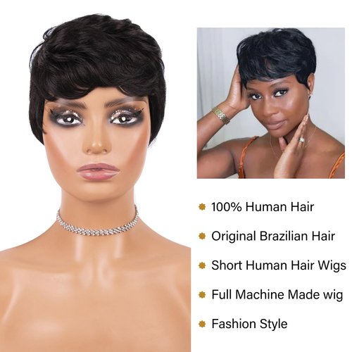 ISHINE Pixie Cut Wigs Human Hair Wigs with Side Bangs… (Black)