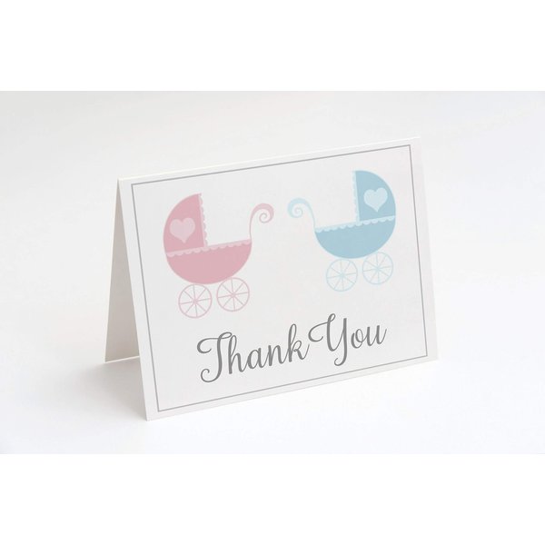 Twins Baby Shower Thank You Cards Gender Reveal Thank You Notes Thank You Cards Shower Lovely Carriages Twins White Pink Blue Grey Gray Stroller Twins (24 Count)