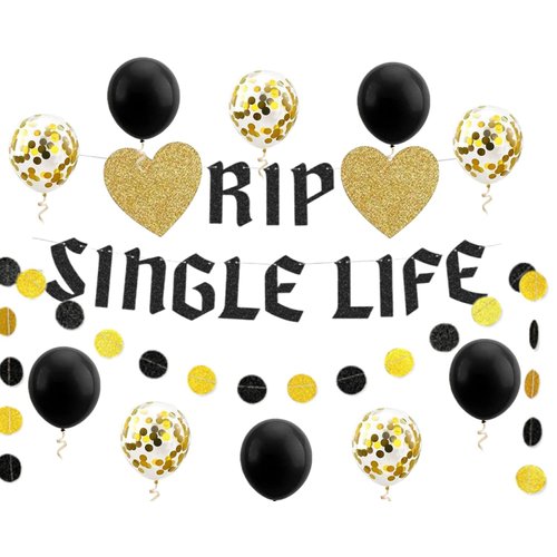 RIP Single Life Banner Funny Bachelorette Party Decorations Supplies Glitter Hanging Garland Kit 10pcs Balloons Bunting Party Gothic Photobooth Backdrop Adult Black Gold Engagement Wedding Party