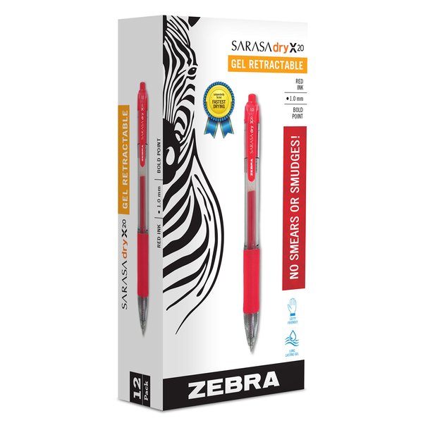 Zebra Pen Sarasa Dry X20 Retractable Gel Pen, Bold Point, 1.0mm, Red Ink, 12-Pack
