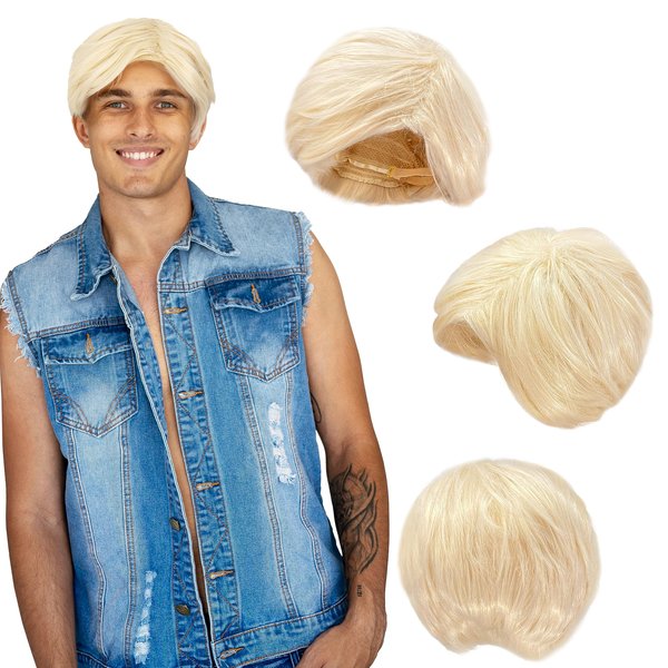 Watt's Wigs - Blonde Beach Dude Wig - Short Synthetic Layered Bleach Blond Doll Costume Hair for Men with Adjustable Wig Cap