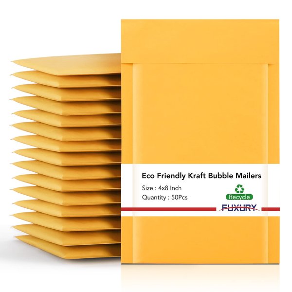 Fuxury Kraft Bubble Mailer 4x8” 50Pack Strong Adhesion Padded Envelopes Thick Bubble Envelopes Usable Size 4x7" Waterproof Cushioned Bubble Mailers Packaging for Small Business #000 Yellow