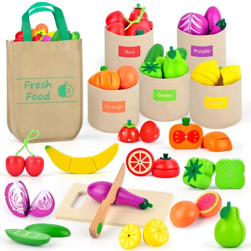 LilKisThk Wooden Play Food Set Color Sorting Toys, Pretend Food for Play Kitchen Accessories Toddler Fruits Veggies Cutting Toy, Grocery Store Pretend Play for Kids Kitchen