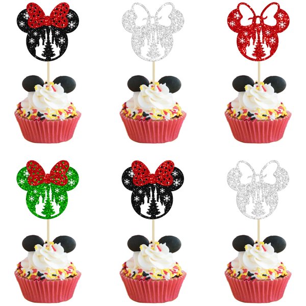 24Pcs Mini Mouse Inspired Christmas Cupcake Toppers Castle Bow Christmas Cupcake Picks Merry Christmas Theme Kids Birthday Party Cake Decorations Supplies