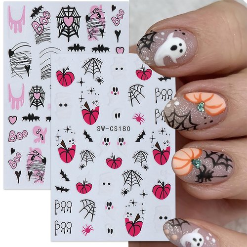 6 Sheets Halloween Nail Art Stickers Cute Ghost Nail Stickers Spider Web 3D Self Adhesive Nail Decals Gothic Spider Spooky French Nail Design Stickers for Women Girls Acrylic Manicure Salon