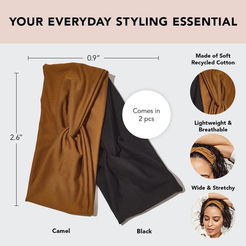 Kitsch Wide Headbands for Women | Recycled Fabric Turban Headband for Women | Wide Headband & Head Wraps for Women | Fashion Boho Headbands for Women, 2pcs (Black & Camel)