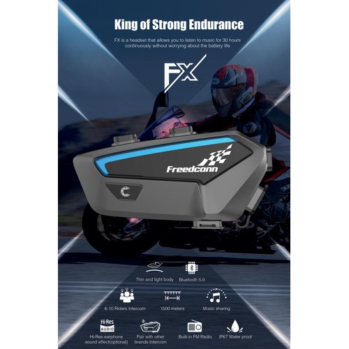 FreedConn 2 Pack Group Motorcycle Helmet Bluetooth Headset, FX 2-10 Riders Universal Motorbike Intercom, Ultra-Thin Fashion Communication System with Noise Cancellation, IP67 Waterproof, Music Share
