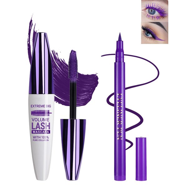 Purple Waterproof Mascara & Eyeliner, 5D Silk Fiber Lash Extensions Colored Tubing Mascara Volume and Length,Long-Lasting Smudge-Proof Voluminous Colorful Mascara & Liquid Eyeliner Pen Set for Women