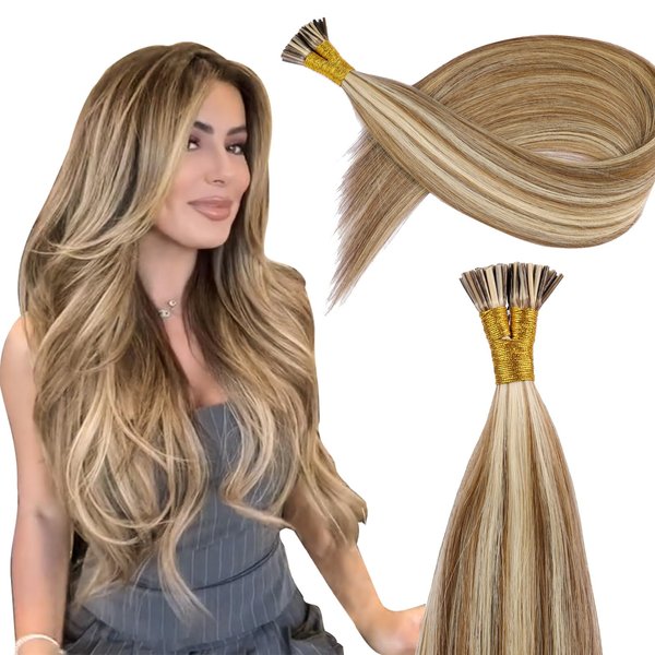 KiiKiiGirl Virgin Remy I Tip Hair Extensions Human Hair Chocolate Brown to Caramel Blonde Real Itip Human Hair Extensions 22Inch Pre Bonded I Tips Human Hair Extensions Invisible For Women 30G/Pack