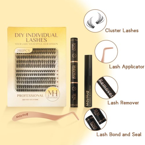 Mayhug Lash Extensions Kit Individual Lashes Cluster Lashes Wispy Natural 280pcs DIY Eyelash Extension Kit Cluster Lashes D Curl 8-15Mix Individual Extension Clusters at Home (30D+40D Kit)