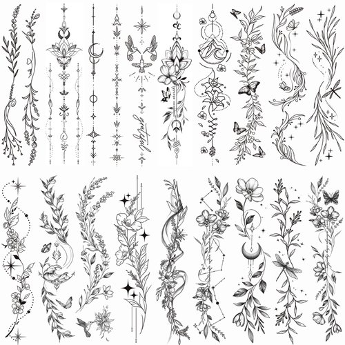 Tazimi Temporary Tattoos For Women Girls-24 Sheets Branch Flower Leaf Wild Plants Sketch Realistic Long-lasting Tattoo Stickers Waterproof Tattoo Sets for Arm Collarbone Leg Backbone Body Art