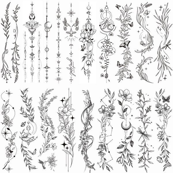 Tazimi Temporary Tattoos For Women Girls-24 Sheets Branch Flower Leaf Wild Plants Sketch Realistic Long-lasting Tattoo Stickers Waterproof Tattoo Sets for Arm Collarbone Leg Backbone Body Art
