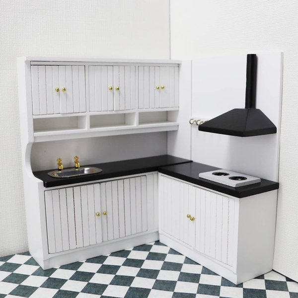 Dollhouse Kitchen Set Miniature Wooden Furniture Cabinet Dining Room Kitchen Kit 1/12 Scale Wooden Dollhouse Accessories (Style A)