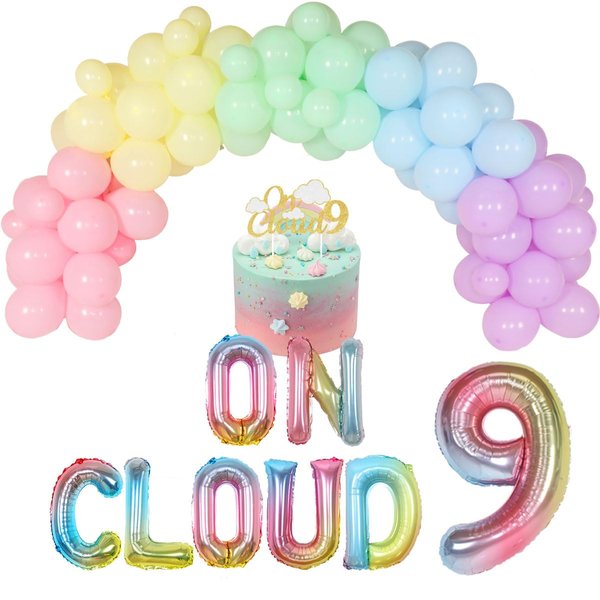 JOYMEMO On Cloud 9 Birthday Decorations for Girls Pastel Rainbow Balloon Garland Arch Kit On Cloud 9 Cake Topper/Balloon Banner for Sky Theme 9th Birthday Party Supplies