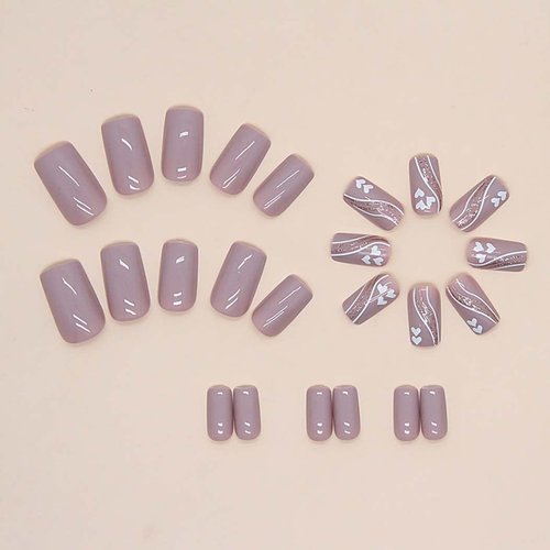 RikView Pink Press on Nails Medium Acrylic Nails Square Fake Nails with Hearts Design Glossy Nails 24 PCs/Set