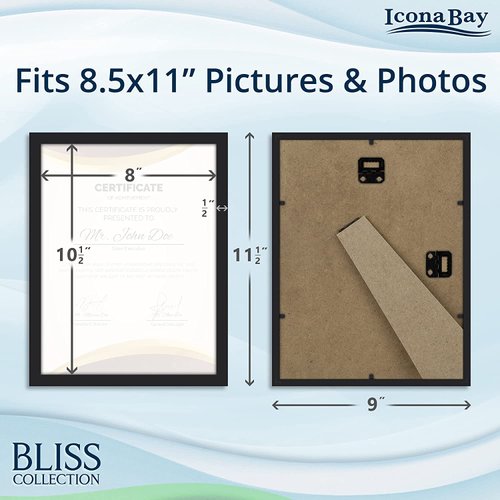 Icona Bay 8.5x11 Black Certificate Frame, Modern Style Wood Composite Document Frame, Table Top or Wall Mount, Bliss Collection