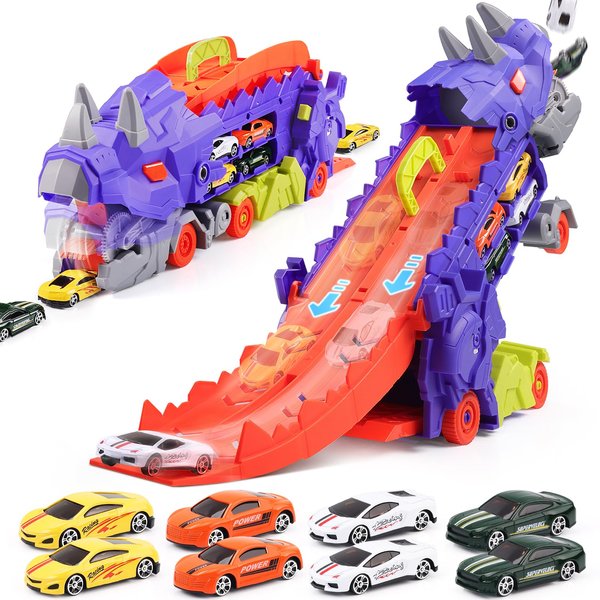 Funmission Dinosaur Toys for Kids 3-5 and Older, 9 in 1 Kids Toys Dinosaur Transport Toy Trucks with 8 Cars, Dinosaur Toys for Boys and Girls, Transforms Into Triceratops Toddler Boy Girl Toys Age 3+
