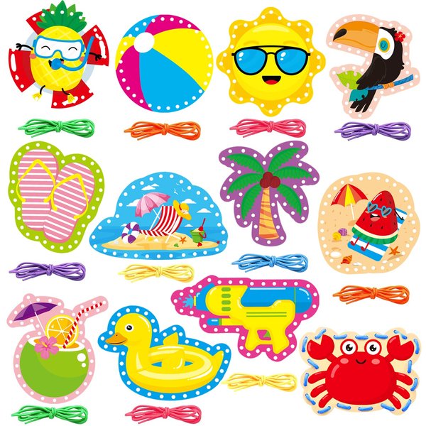 Summer Lacing Cards Sewing Cards 12 Pack Beach Theme Pool Party Decoration Double Sided Cardboard Lacing Playing Games for Kids Toddler Preschool Home Developing Imagination Education Supplies