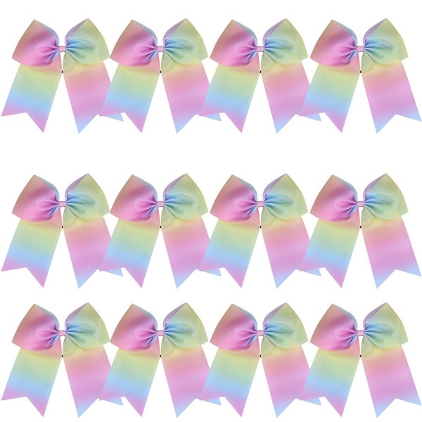8 Inch Cheerleader Bows Ponytail Holder Cheerleading Hair Tie (Light Rainbow)