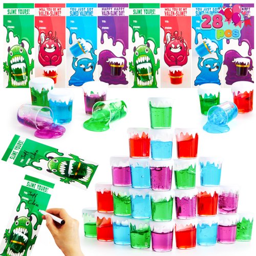JOYIN 28 PCS Valentines Day Gifts Cards for Kids with Slime Stress Relief Fidget Toy Party Favor Toys for Valentine Classroom Exchange Cards and Valentine's Party Favor