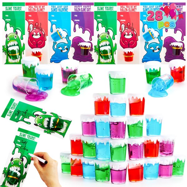 JOYIN 28 PCS Valentines Day Gifts Cards for Kids with Slime Stress Relief Fidget Toy Party Favor Toys for Valentine Classroom Exchange Cards and Valentine's Party Favor