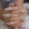 CoolNail Bling Jewelry Ballerina Coffin Press on False Fake Nails 3D Marble Pink Glossy Extra Long Salon Party Wear Full Cover Nail Tips
