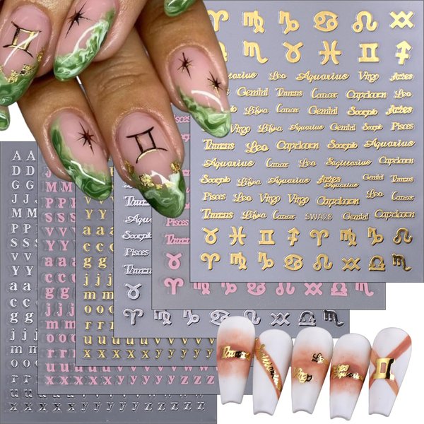 Tyuimhx 6 Sheets Letter Nail Art Stickers Decals Zodiac Stickers for Nail Art 3D Self-Adhesive Gold Silver Pink Nail Stickers Alphabet A-Z Nail Decals Supplies for Women DIY Manicure Decorations