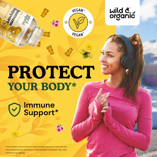 Wild & Organic Immune Support Gummies - Immune Support Supplement Gummy w/Echinacea, Ginger, Mullein, & Elderberry with Zinc and Vitamin C for Adults - Immunity Boost - 60 Chews