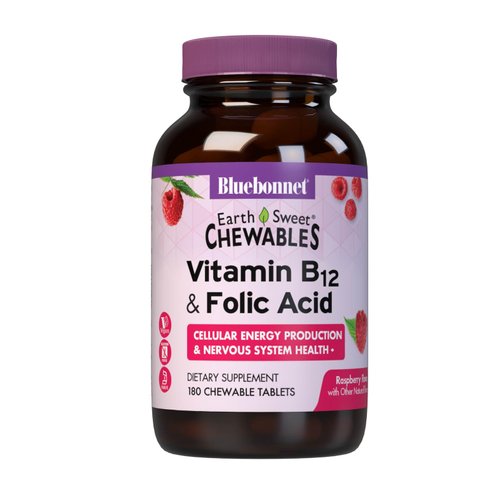 Bluebonnet Nutrition Earth Sweet Vitamin B12 & Folic Acid Chewable Tablets, Cream Raspberry 180 Count (Pack of 1)