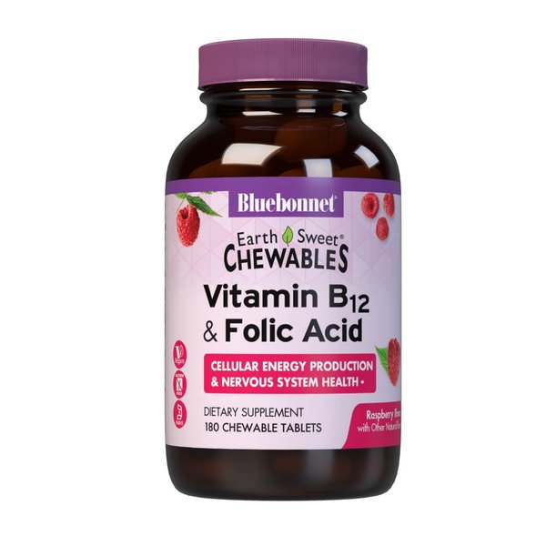 Bluebonnet Nutrition Earth Sweet Vitamin B12 & Folic Acid Chewable Tablets, Cream Raspberry 180 Count (Pack of 1)