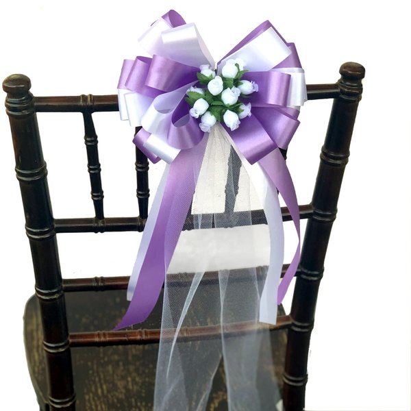 Lavender and White Wedding Pull Bows with Tulle Tails and Rosebuds - 8" Wide, Set of 6, Mother's Day, Pew Bows, Aisle Decor, Christmas, Anniversary, Birthday, Reception, Valentine's Day, Easter