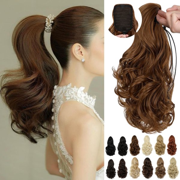 Cephermer Ponytail Extension, 15 Inch Drawstring Ponytail, Light Auburn Wavy Clip in Pony Tails Hair Extensions Natural Looking Synthetic Hairpiece for Women Daily Use party