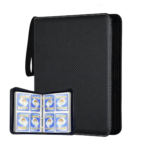 Fabulway 4 Pocket Trading Card Binder,Card Binder 400 Pockets Sports Cards Game Card Collection Binder Card Holder Binder Card Storage Album with Sleeves and Zipper (Black-400 Pockets)