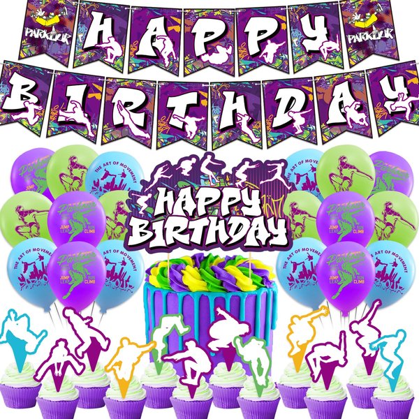 Parkour Party Decorations Parkour Birthday Party Supplies Includes Parkour Birthday Banner Cake Topper Cupcake Toppers Balloons for Parkour Birthday Decorations Party Favors