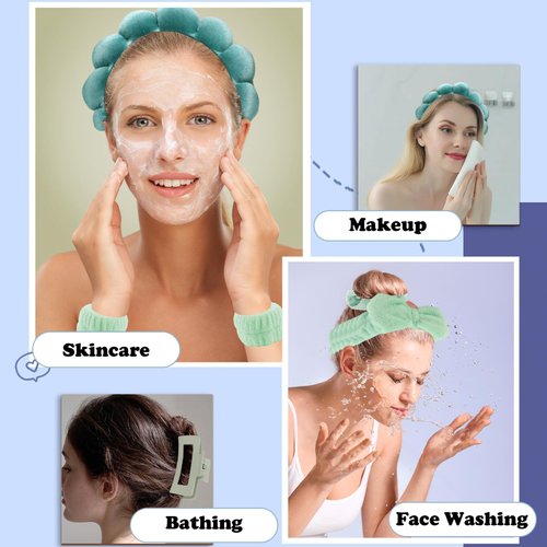 AUDTOPE 7Pcs Spa Headband and Wristband Set, Face Wash Headband Makeup Skincare Headband Wrist Bands Thick Puffy Sponge Bubble Headband Wrist Scrunchies Claw Clips for Washing Face, Green