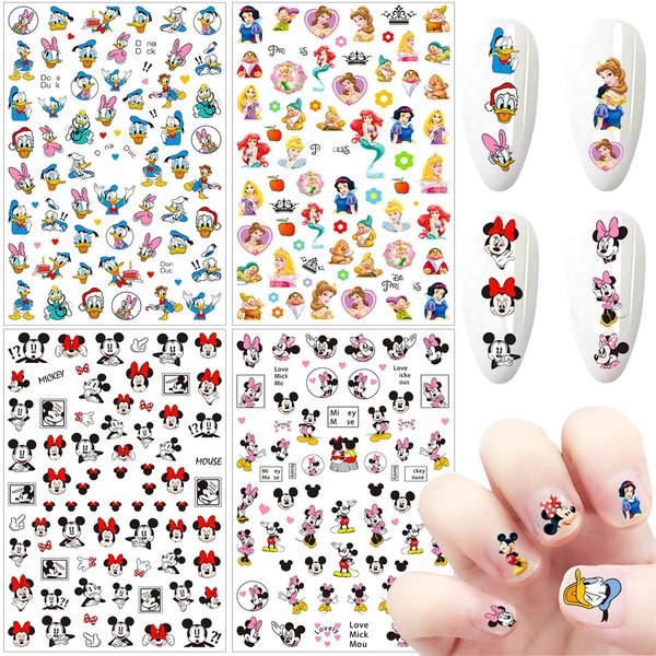 Cartoon Nail Art Stickers 3D Self-Adhesive Nail Decals Cute Cartoon Nail Stickers Nail Art Supplies Kawaii Designer Nail Stickers for Women Kids Girls Nails Art Decorations (4 Sheets)