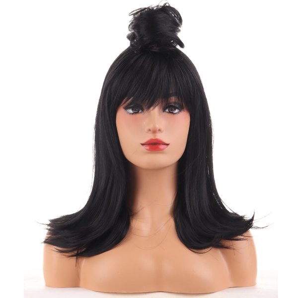 BERON Womens Black Wig with Detachable Bun Medium Length Wig Girls Bangs Hair Wigs Halloween Costume Cosplay Party Wigs