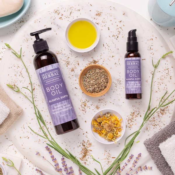 Ora's Amazing Herbal Moisturizing Lavender Body Oil for Women and Men, Nourishing Oil for Dry Skin, Relaxation, Massage Oil, Blissful Earth Scent, 2 oz, Travel Size with Pump