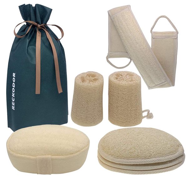 RECKODOR - 7 in 1 Natural Loofah Exfoliating Body Scrubber Set, Bath Luffa Sponge for Women and Men, Home Spa Shower Wash Lufa